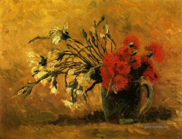 gelb Kunst - Vase mit den roten und weißen Gartennelken auf gelbem Hintergrund Vincent van Gogh